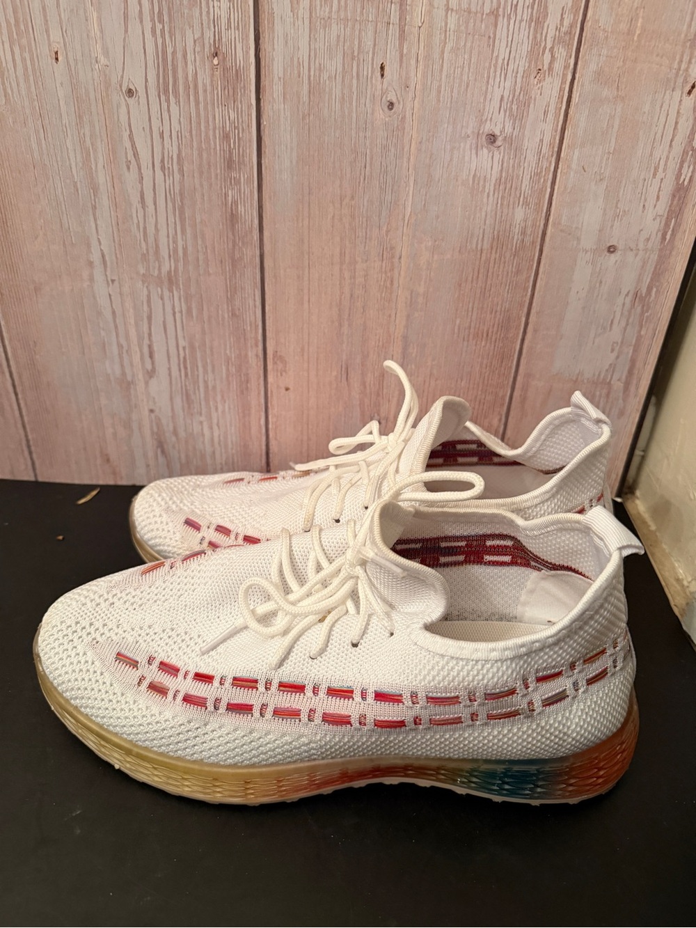 White Knit Women’s Sneakers with Rainbow Sole